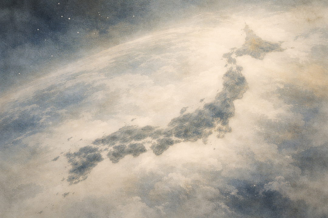 A painterly view of Japan seen from above, symbolizing the land where Japanese workwear was born—shaped by geography, climate, and a culture that values endurance, precision, and quiet craftsmanship.