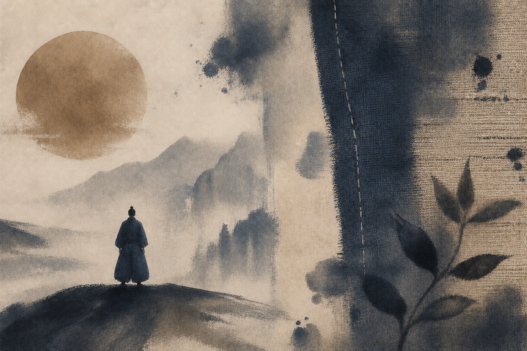 Abstract painting of layered Japanese-made garments and textile textures in muted indigo and neutral tones, evoking craftsmanship, durability, and the lasting value of clothing made in Japan.