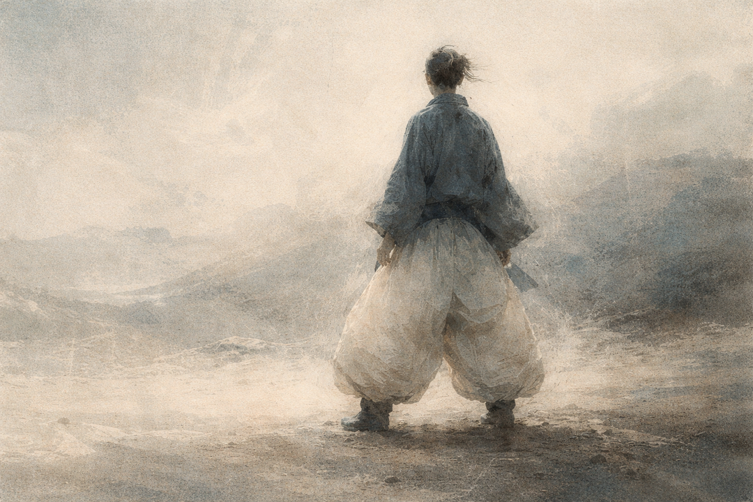 A craftsman wearing traditional Japanese workwear stands facing a rugged landscape, embodying why skilled artisans still choose traditional workwear—for freedom of movement, durability, and quiet confidence shaped by generations of use.
