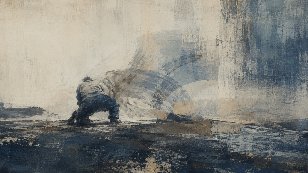 Abstract painting of a worker crouching in denim work pants, with tight folds around the hips and knees suggesting restricted movement during physical work.