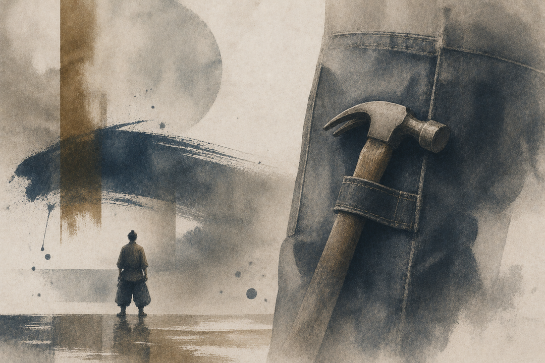 Abstract painting of carpenter pants with a hammer secured in the side loop, illustrating the practical tool-carrying function of traditional workwear.