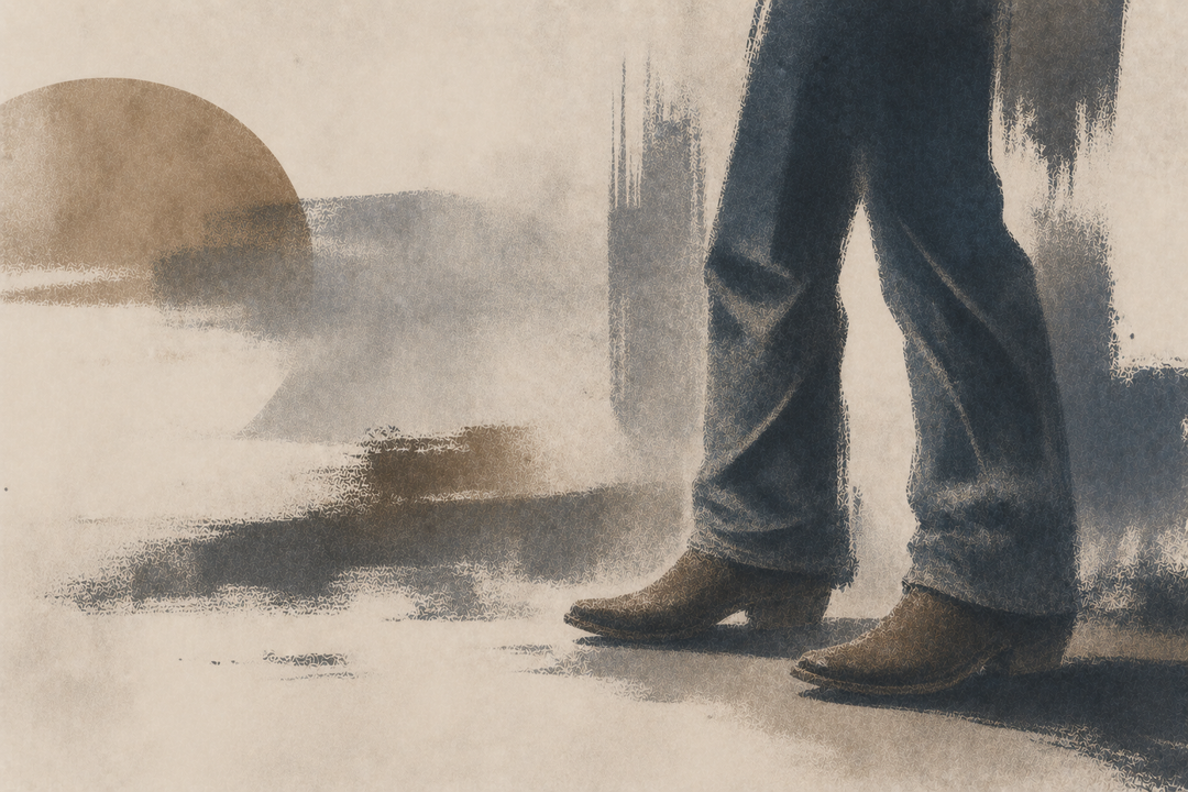 Abstract painting of a cowboy wearing flared work pants over sturdy boots, highlighting the wider leg opening that allows the pants to fit comfortably around boot shafts.