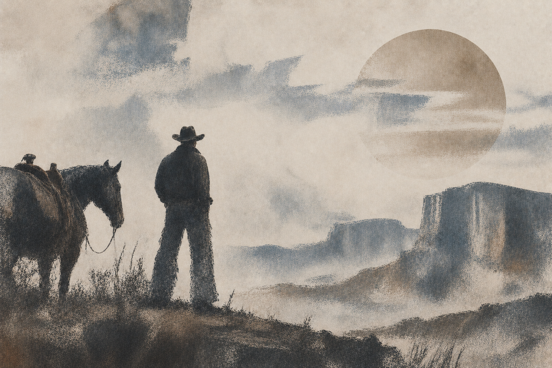 Abstract painting of a cowboy wearing boot cut pants over work boots in an open landscape, emphasizing the practical flare designed to fit comfortably around riding footwear.