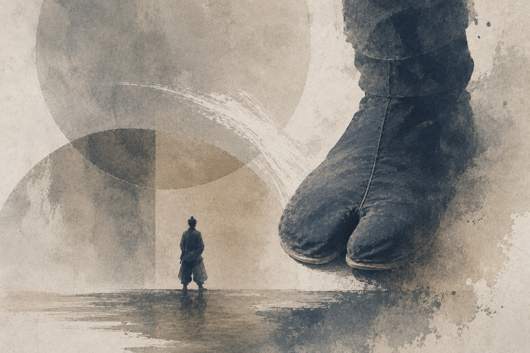 Abstract painting of oversized tabi-style split-toe shoes beside a small standing figure, emphasizing the distinctive divided-toe design and its Japanese cultural roots.