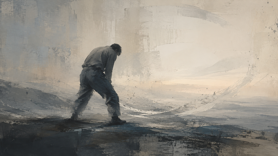 Abstract painting of a worker standing in structured work pants with firm folds, evoking the stiffness of heavy fabric before movement and wear soften the garment.