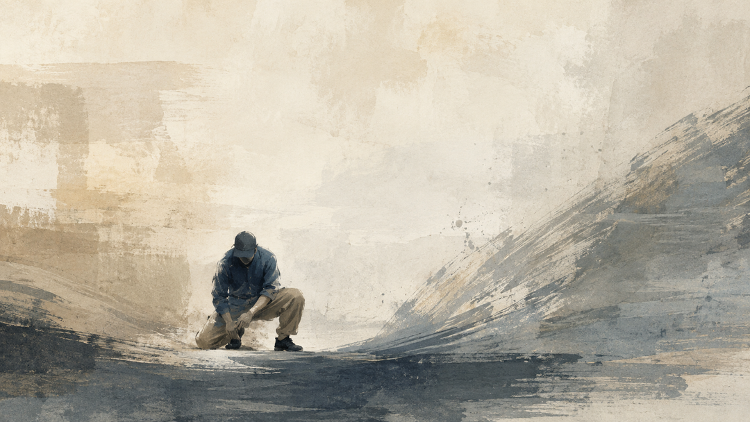 Abstract painting of a worker in worn work pants, emphasizing friction and fabric stress around the inner thigh area where repeated movement can cause tearing.