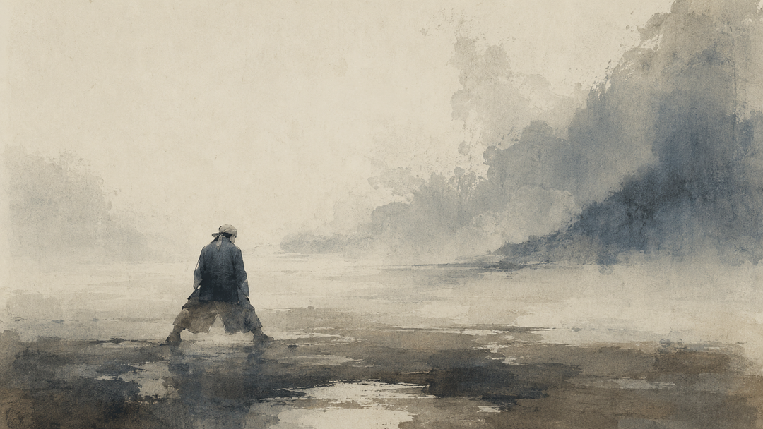 Abstract painting of a lone figure in a grounded wide stance within a misty Japanese-inspired landscape, evoking the balance, grip, and workwear heritage of jika tabi split-toe footwear.