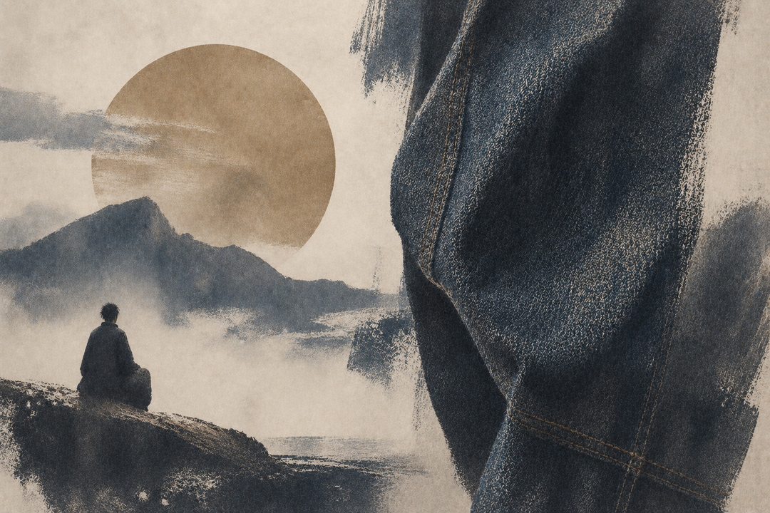 Abstract painting of layered indigo denim textures with a small figure in the distance, evoking the craftsmanship, depth, and enduring quality associated with Japanese denim.