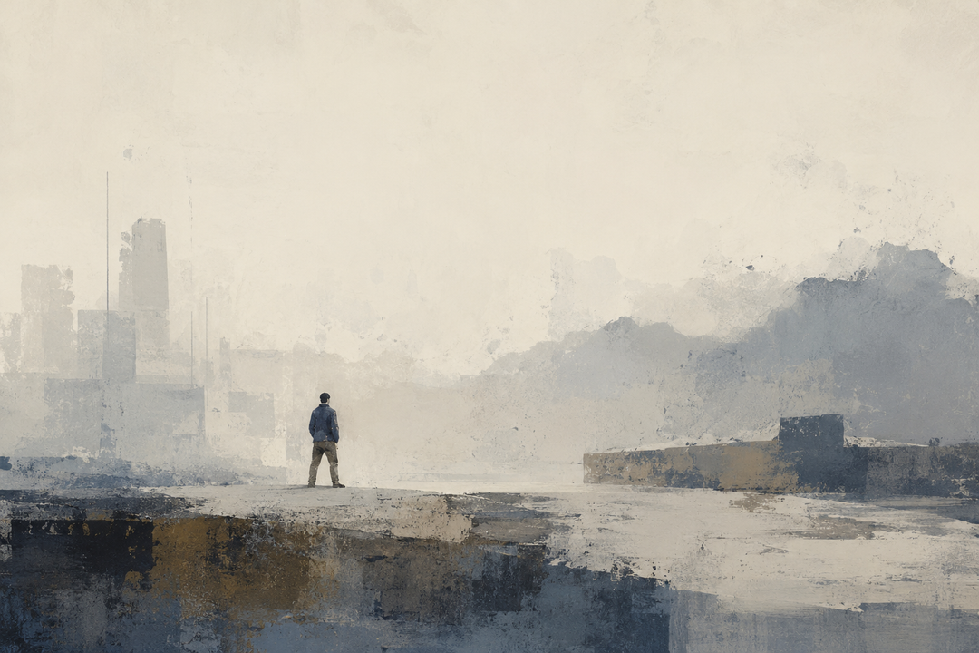 Abstract painting of practical Japanese utility workwear in muted indigo and neutral tones, evoking affordable function, durability, and the everyday appeal behind Workman’s popularity in Japan.