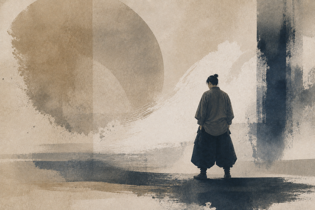 Abstract painting of a figure wearing loose, voluminous Japanese-inspired clothing, emphasizing balanced proportions and the intentional use of oversized silhouettes.