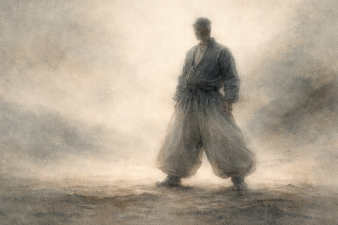A man wearing traditional Japanese workwear stands in a misty landscape, his wide pants and relaxed posture emphasizing how Japanese workwear is designed around freedom of movement and natural body balance.