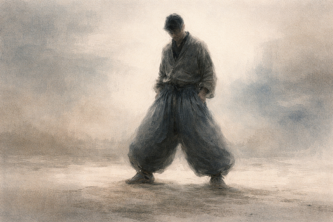 A figure standing calmly in traditional Japanese workwear, with wide tobi-style pants emphasizing balance, comfort, and quiet strength—an image that reflects why Japanese workwear continues to be admired worldwide.