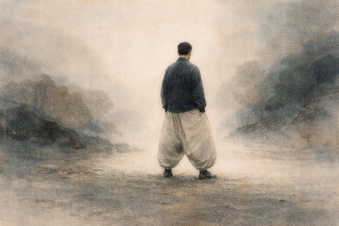 A man seen from behind wears wide Japanese workwear pants, standing calmly in an open landscape that emphasizes balance, space, and the distinctive width of traditional Japanese workwear.