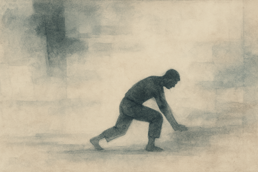 A figure wearing jika-tabi footwear moves low to the ground in a misty setting, emphasizing balance, grounded posture, and the functional connection between body, movement, and traditional Japanese workwear.
