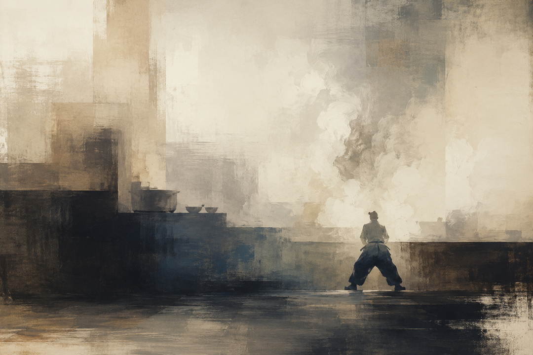 Abstract painting of a professional chef wearing loose kitchen work pants, emphasizing mobility, comfort, and practical clothing designed for demanding kitchen environments.