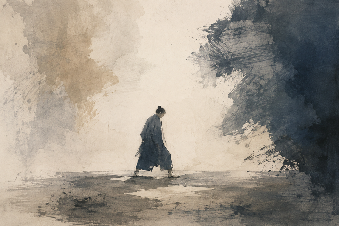 Abstract painting of split-toe tabi footwear with a small figure standing nearby, evoking the unfamiliar toe separation, fit, and gradual adjustment beginners experience when first wearing tabi shoes.