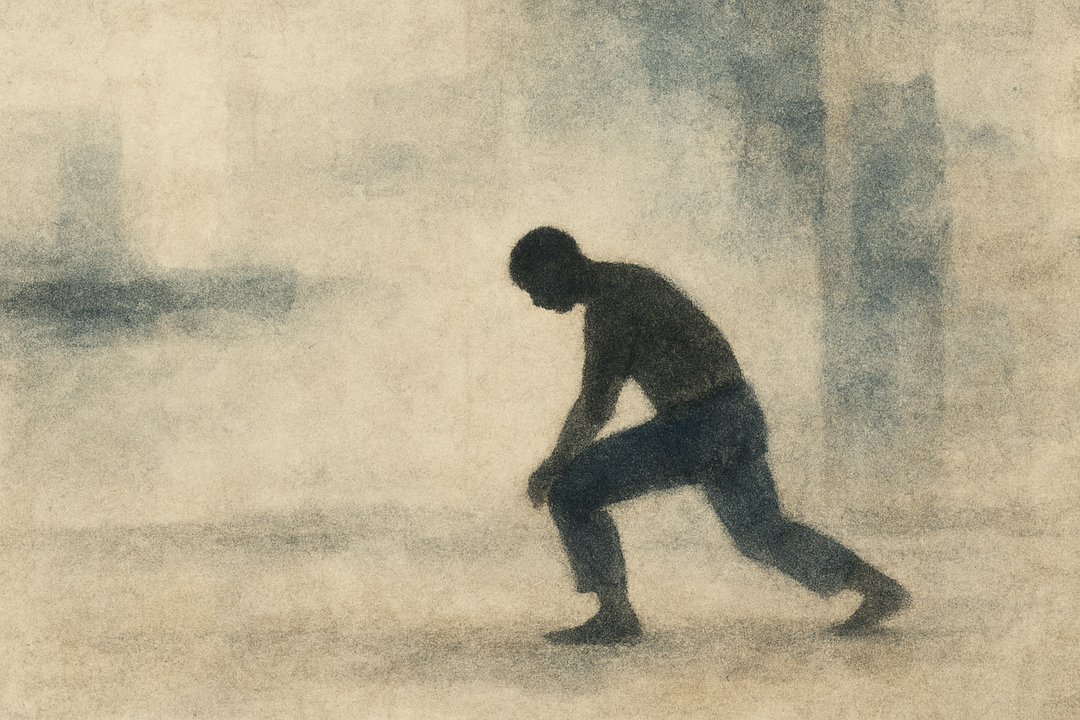 A silhouette of a man moving forward in traditional tobi pants, expressing why these Japanese work pants are still worn today for their freedom of movement, durability, and timeless functionality.