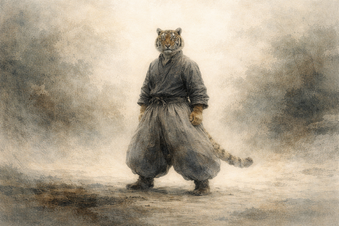 An anthropomorphic tiger wearing traditional Japanese tobi pants stands in a misty landscape, the exaggerated volume and bold silhouette highlighting why the style provokes strong, divided reactions.