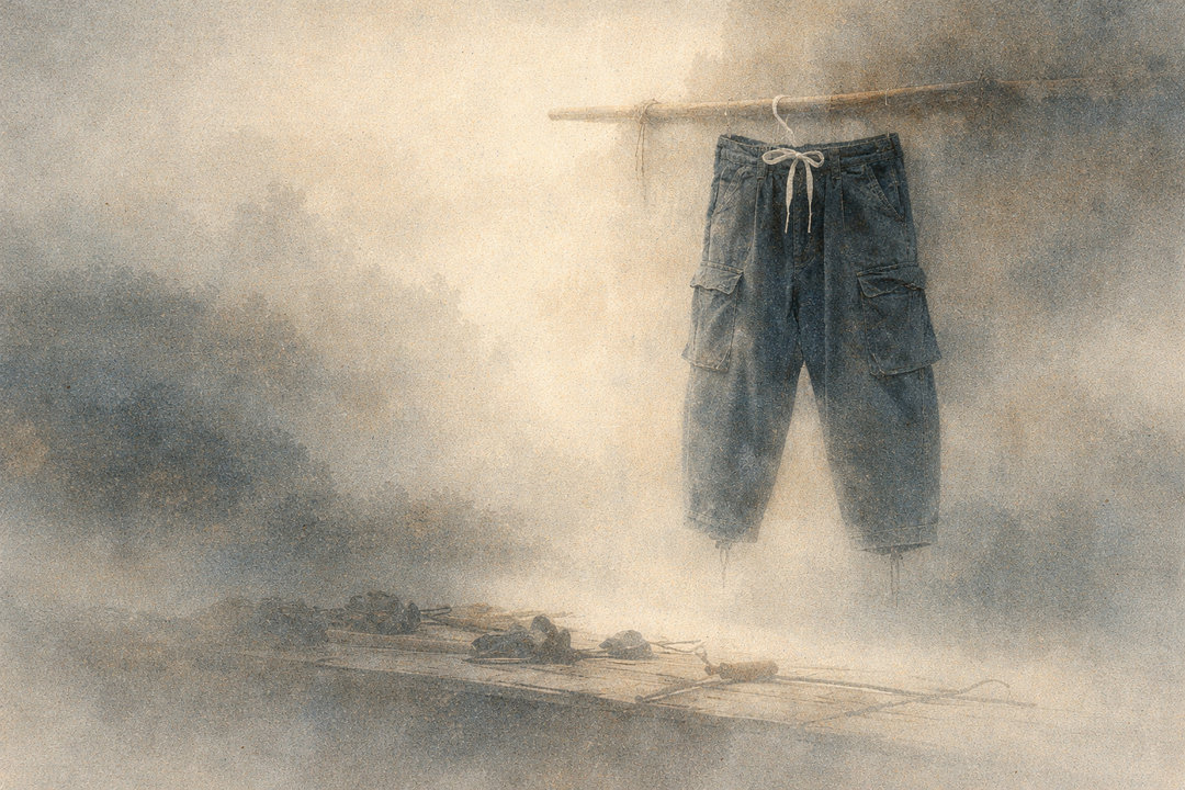 A pair of Japanese tobi pants hangs from a wooden rod above a rustic work surface, highlighting the wide, cropped silhouette and utilitarian pockets that often feel unfamiliar at first but are designed for movement and balance.