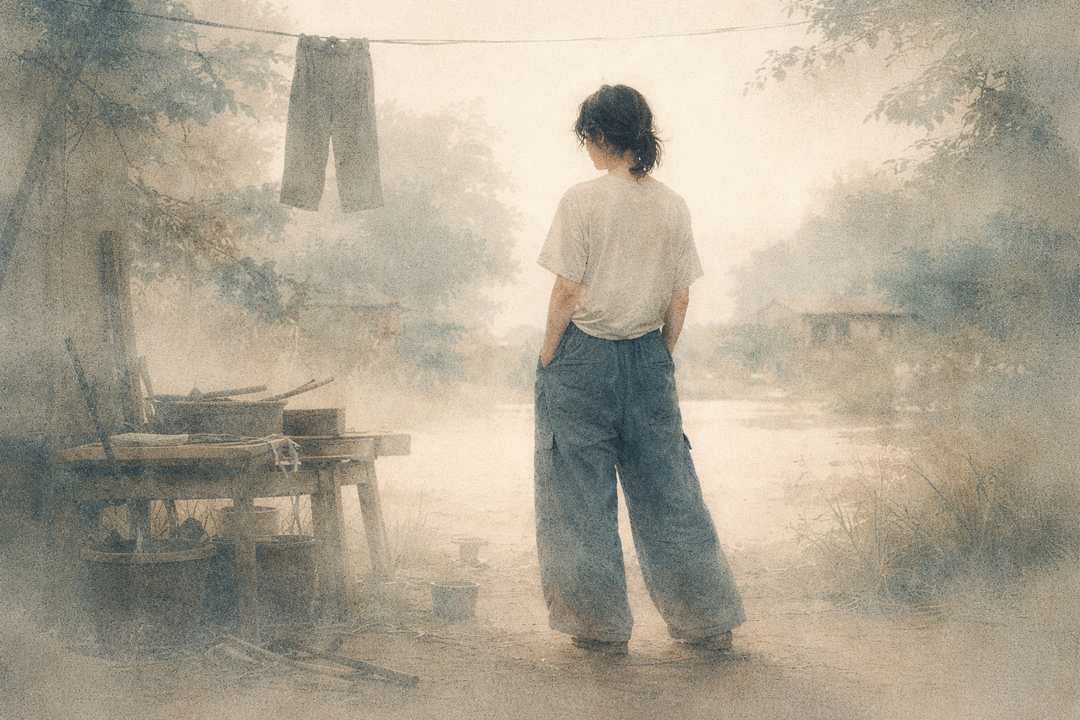 A person wearing wide-leg Japanese carpenter pants stands in a quiet rural setting, highlighting the relaxed silhouette, natural drape, and everyday practicality that make wide-leg work pants feel intuitive in Japanese life.