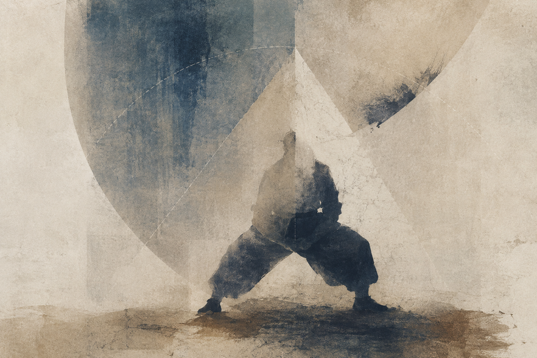 Abstract painting of a worker crouching in wide work pants, emphasizing freedom of movement, thigh room, rise, and overall fit.