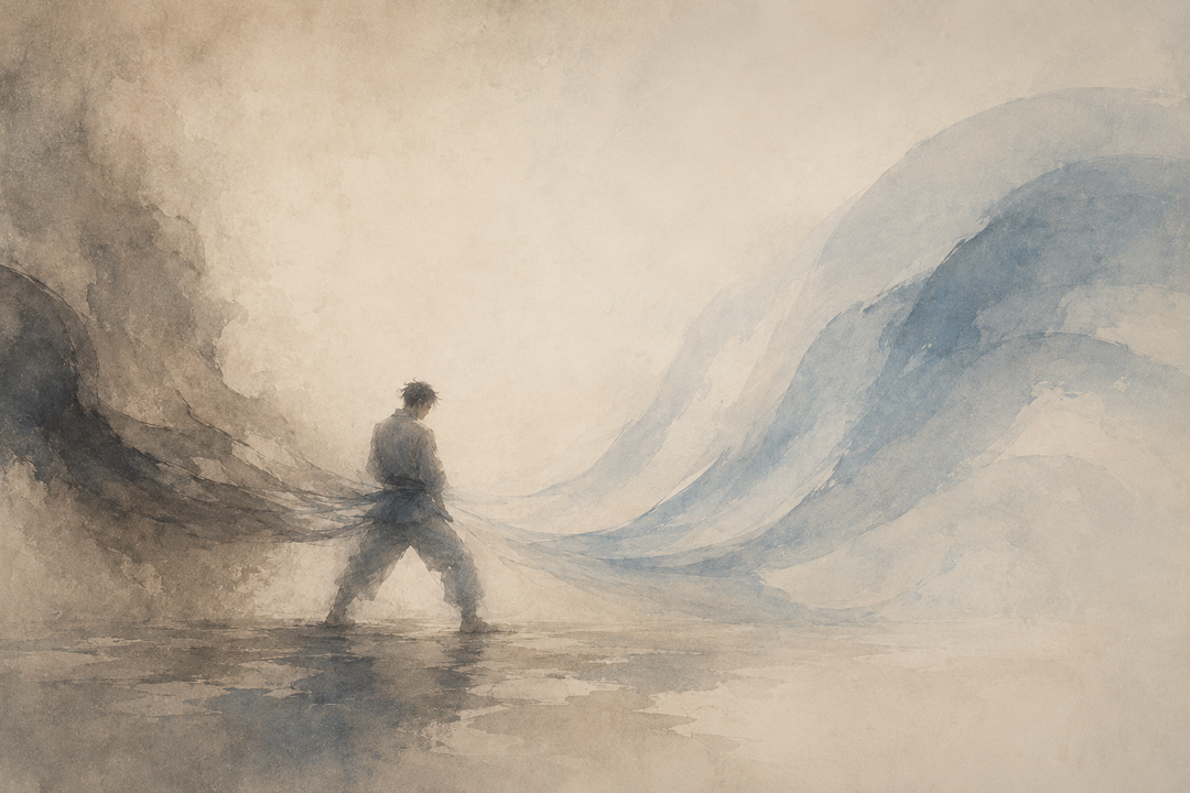 Abstract painting of a worker moving in loose work pants, highlighting fabric tension around the hips and knees and the freedom created by a more flexible fit.