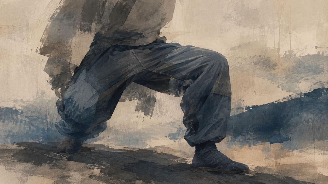 Abstract painting of a worker crouching in loose work pants, highlighting crotch seams, fabric tension, and movement related to wear and tearing.