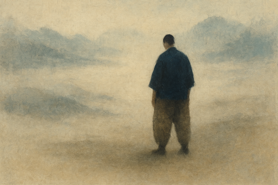 A man wearing wide-leg Japanese work pants stands quietly in a misty open landscape, emphasizing calm presence, balance, and the grounded functionality of traditional workwear design.