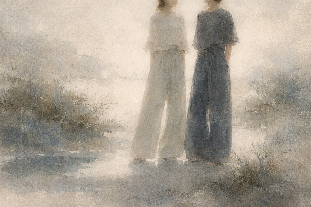 Two people stand side by side wearing wide-leg trousers, comparing the fuller silhouette of traditional nikka pants with the straighter shape of modern wide pants in a calm outdoor setting.