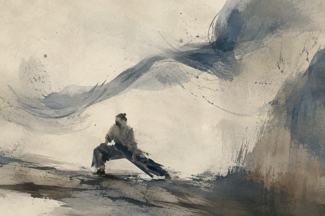 Abstract painting of a worker in loose, flexible work pants taking a wide step, emphasizing unrestricted leg movement, mobility, and practical workwear design.