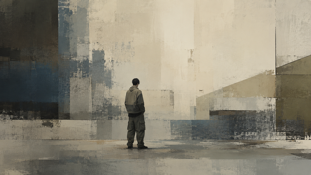 Abstract painting of a figure in loose cargo pants and a utility jacket, reflecting Y2K Japanese street fashion and workwear-inspired styling.