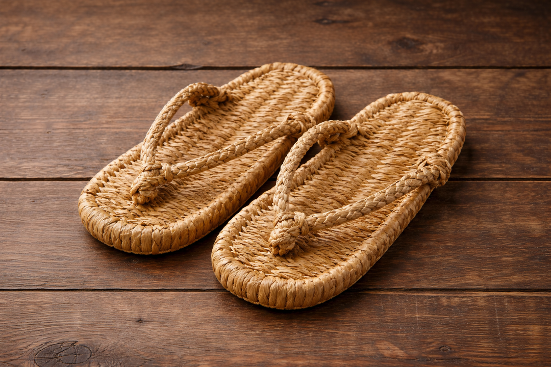 A pair of traditional Japanese waraji straw sandals placed on a rustic wooden floor, shown in a close-up horizontal composition.
