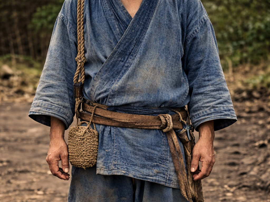 A Japanese man wearing traditional indigo-dyed rural work clothes and straw sandals stands outdoors on a dirt path, shown from the neck down in a historical-style reference image.