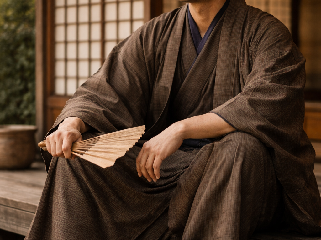 A traditionally dressed Japanese man sits on the wooden engawa of a historic house, wearing a brown kimono and straw sandals while holding a folding fan.