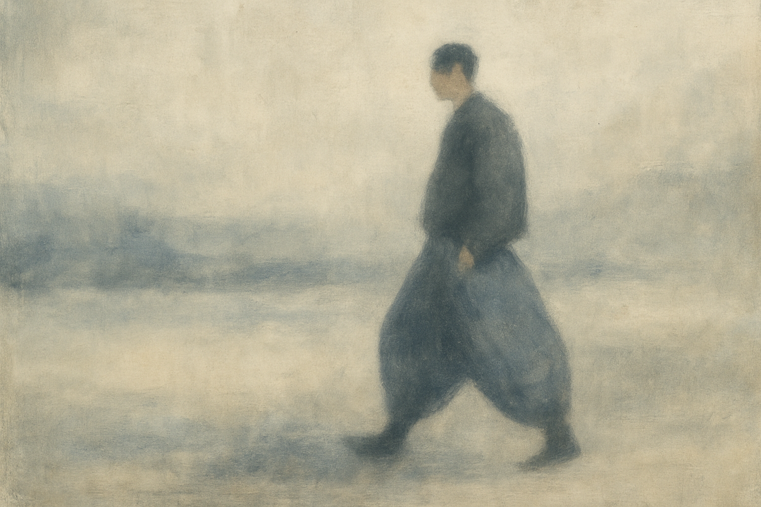 Abstract image representing movement and balance in Japanese workwear, often associated with tobi pants silhouettes
