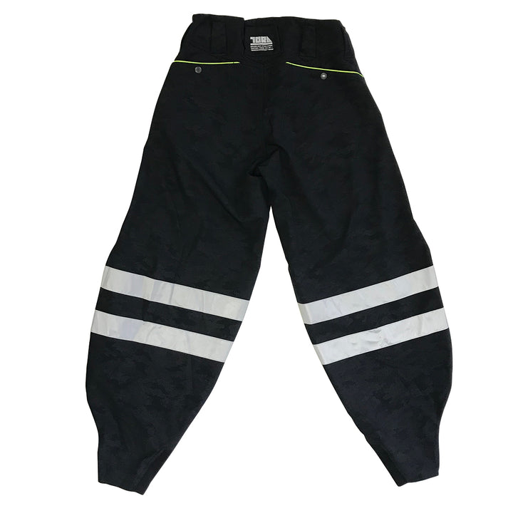 Black Toraichi tobi pants with double white reflective bands across the legs