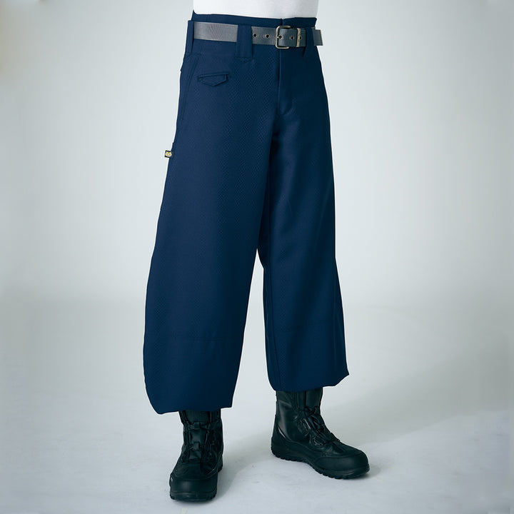 Navy slim super-long hachibu pants styled with black boots