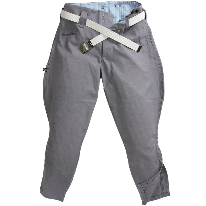 Toraichi grey horse riding pants with white belt and zipper cuff