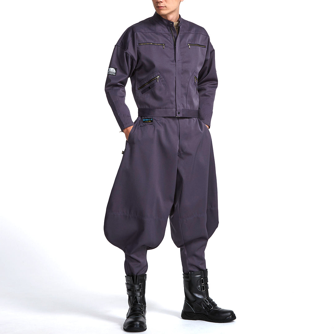 front view of the Toraichi 2530-308 Type 2 Tobi Jumper in deep purple paired with matching tobi pants