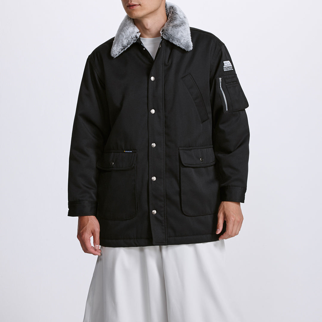 front view of the Toraichi 2530-150 half coat in black with faux fur collar and tobi workwear styling