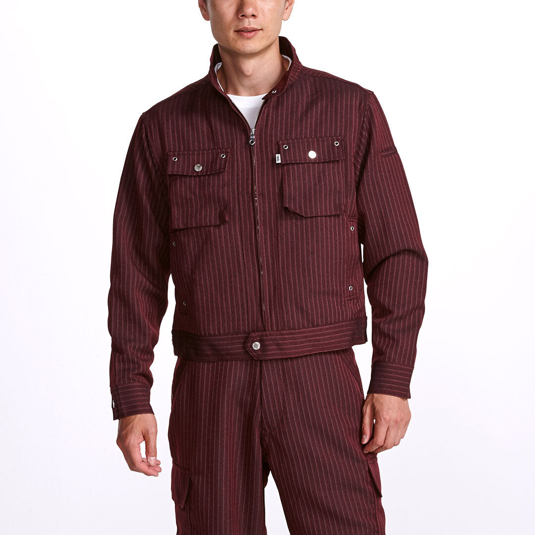Front view of model wearing the Toraichi 4309-554 Riders Jacket in burgundy pinstripe, part of the Japanese tobi jacket collection