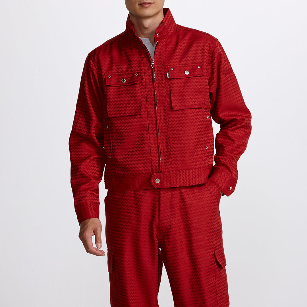 Front view of the Toraichi 7260-554 Riders Jacket in striking red day-and-night weave fabric