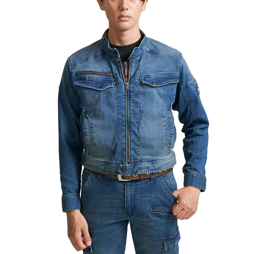 front view of toraichi denim riders jacket limited stock model wearing full set
