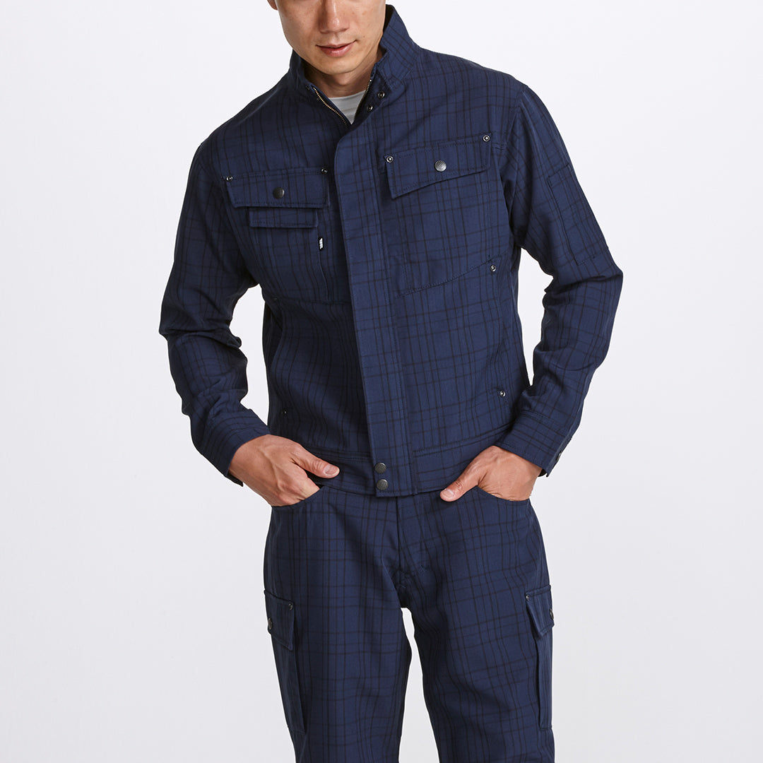 Front view of Toraichi 7560-124 checked long sleeve blouson jacket in navy plaid pattern