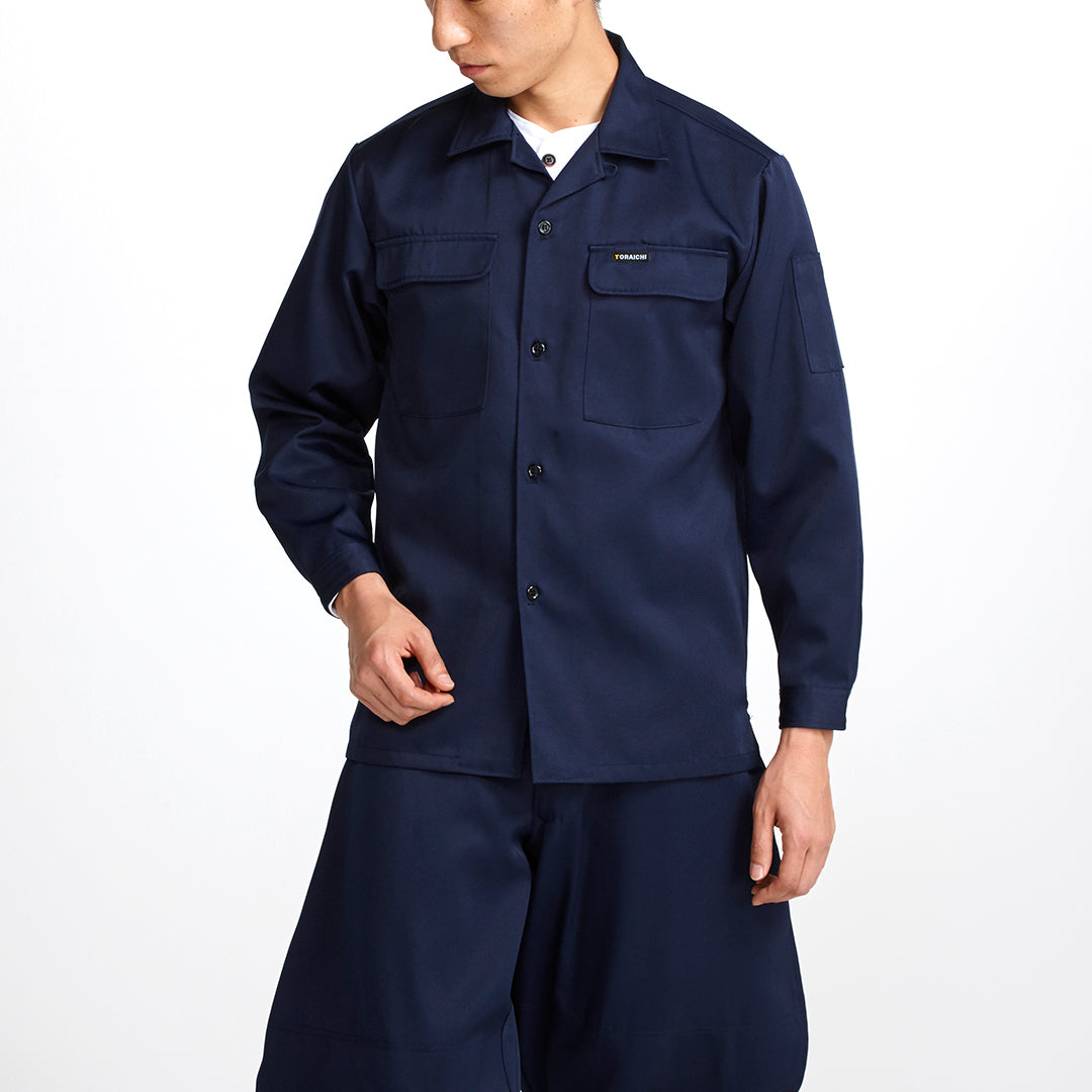 Front view of Toraichi tobi shirt in navy Japanese workwear style with open-neck design