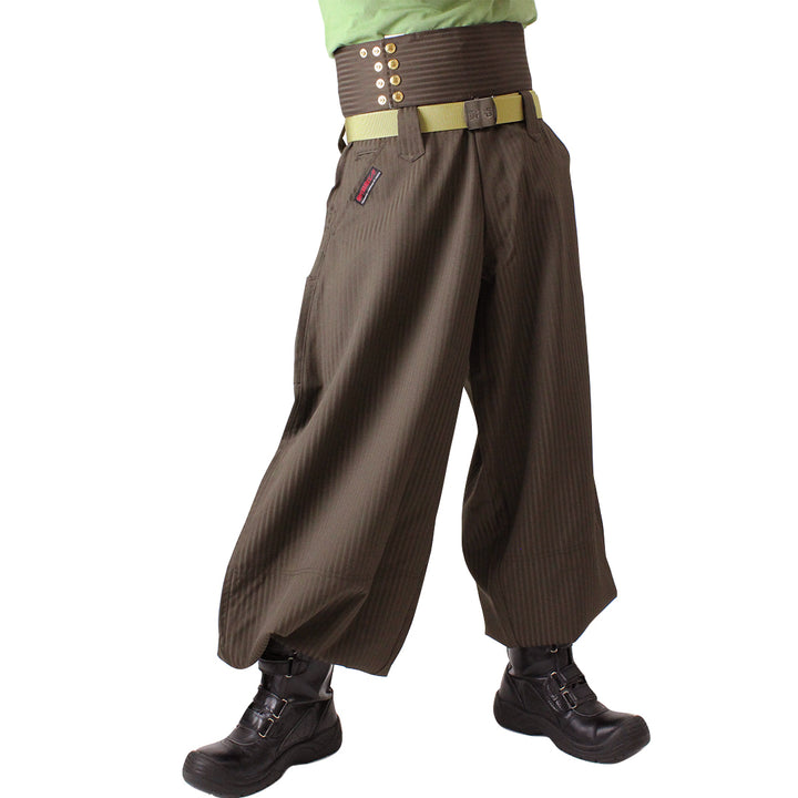 Super super long high waist hachibu tobi pants in brown, front view