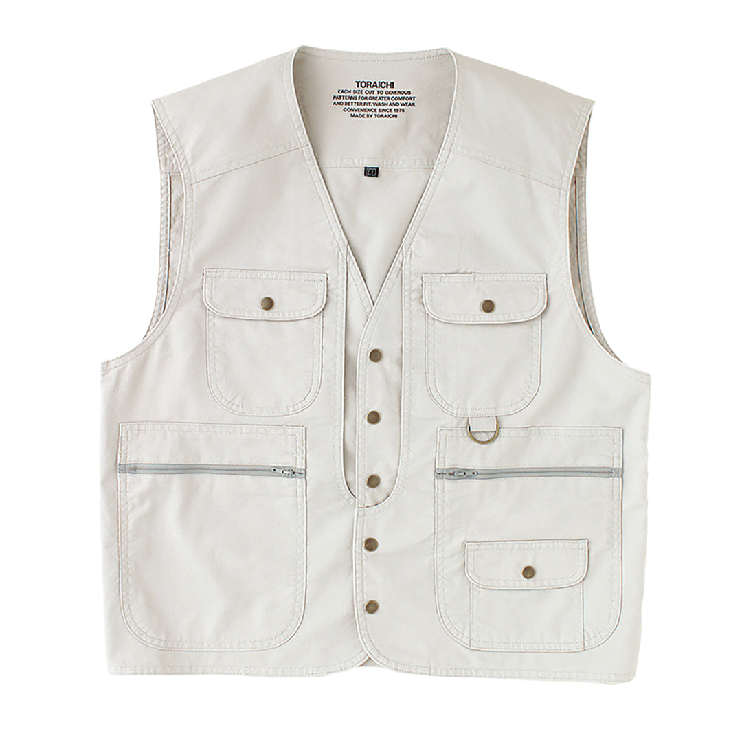 Front view of Toraichi 1016-611 army vest in beige cotton