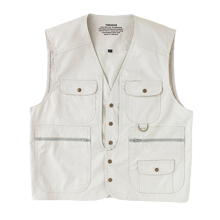 Front view of Toraichi 1016-611 army vest in beige cotton
