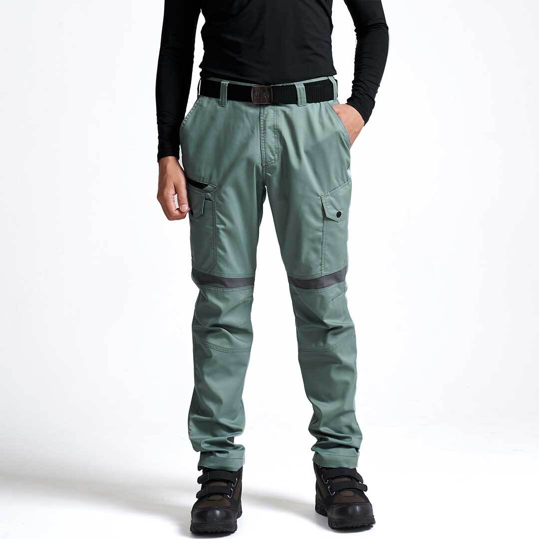 The Toraichi Japanese workwear cargo pants in earth green featuring anti-static stretch fabric and ergonomic articulation for ease of movement.