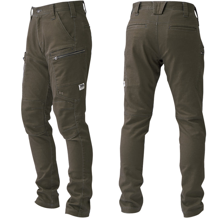 Japanese workwear cargo pants front and back view in dark khaki German cloth